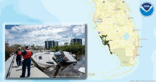 A map with a photo over it with two people on a dock looking at a displaced vessel.