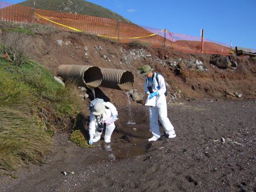 Two people on a beach in white jumpsuits, one is reaching down to collect a sample. 