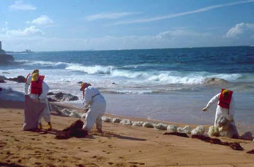 Workers cleaning up oil on a beach.