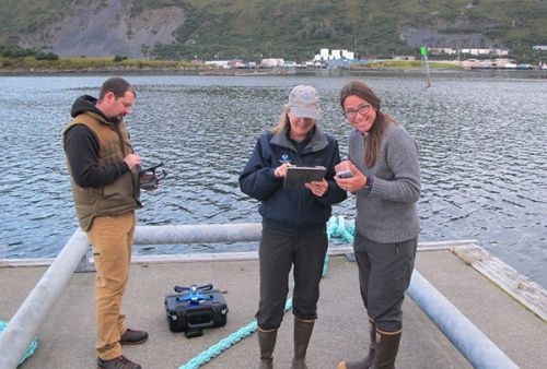 Three people on a dock.