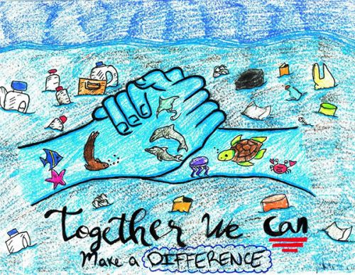 Two hands decorated with healthy sea creatures amid a sea filled with debris, over the text “Together we can make a difference.”