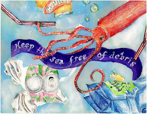 Colored-pencil drawing of a squid in a debris-filled ocean, with text reading "Keep the sea free of debris.