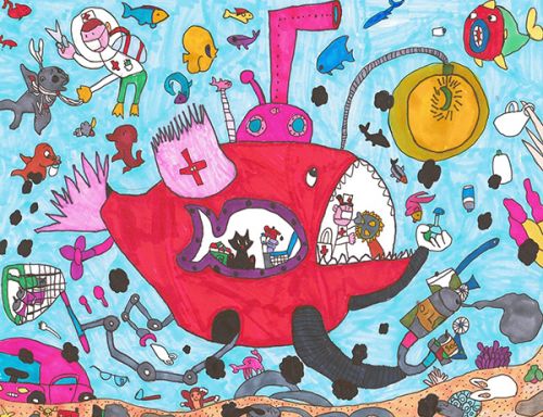 A submersible collecting marine debris, artwork by Simone L., winner of the 2021 NOAA Marine Debris Program Art Contest.