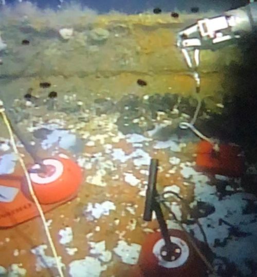 Underwater image of a ship's hull.