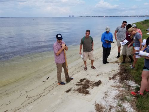 A small group of people talking on a beach.