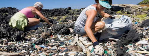 Two people gathering debris from a beach.