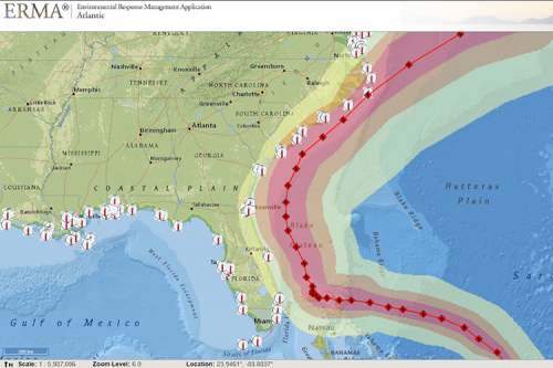 A map of the southeastern United States with a colored path drawn across the coast.