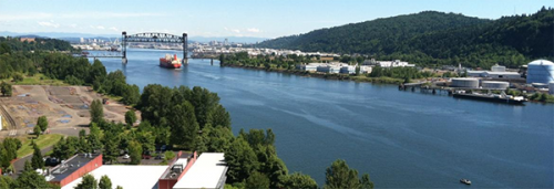 Body of water with trees, buildings along banks. 