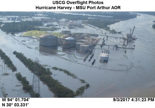 Overhead view of flooded area of land.