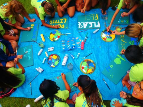 A group of students painting signs.