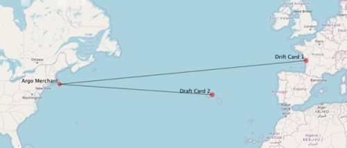 Map showing Atlantic Ocean where drift cards were found.