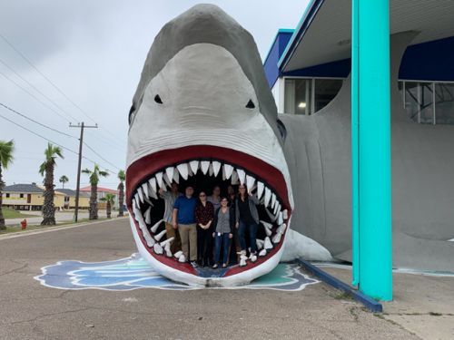 People standing in the mouth of a giant shark sculpture.