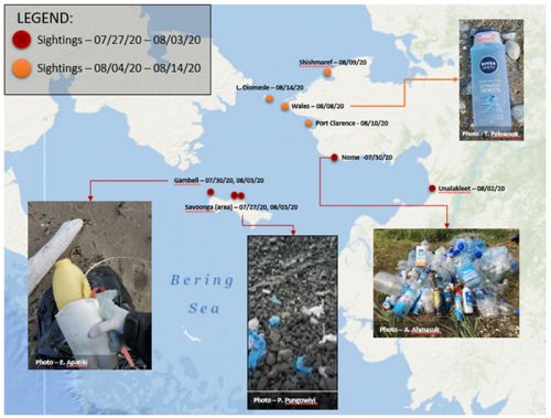 Map showing locations of new marine debris on the Alaska coast. 