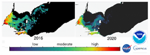 Satellite data showing comparison of HAB between 2016 and 2020.