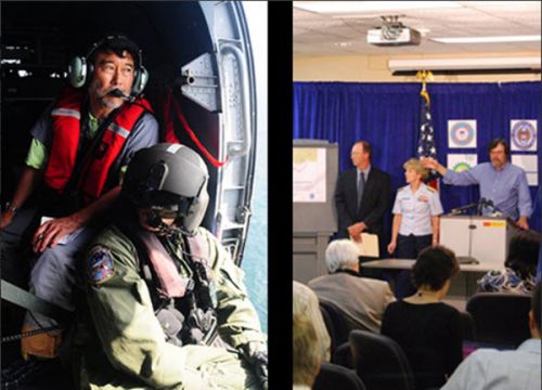 Picture of a man in a helocopter next to picture of a panel of three people.