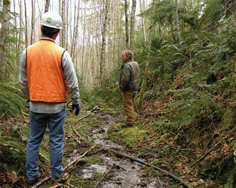 Two men standing in a wooded area. 