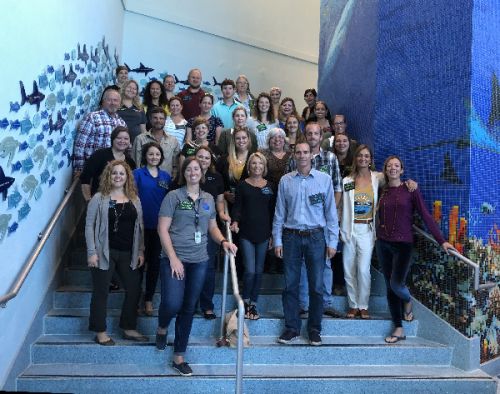 Group of people pose on staircase.