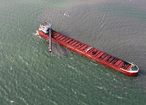 Aerial view of coal tanker in Lake Erie. 