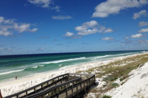 Beach with dune grass and water in background.