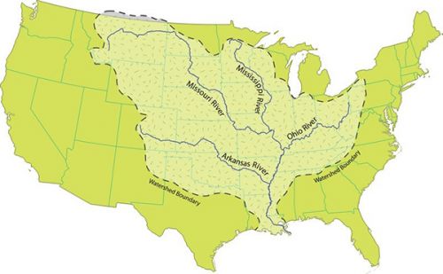 Map of the US highlighting the Mississippi River watershed.