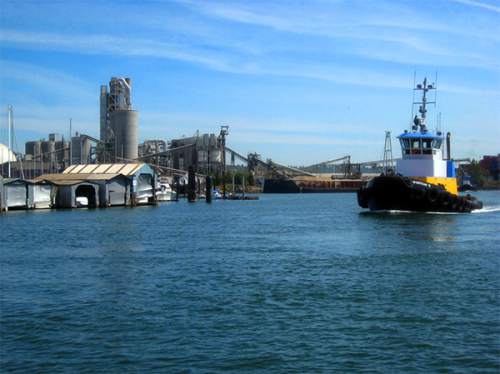 Tugboat on a river. 