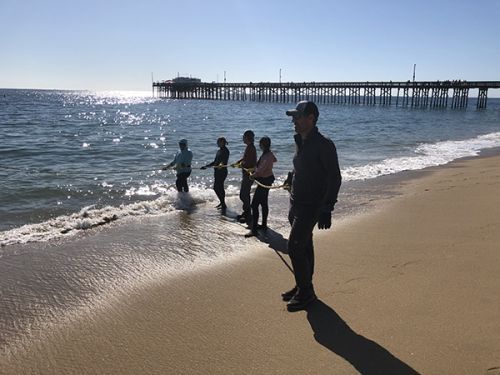 Five people working on a beach near the water. 