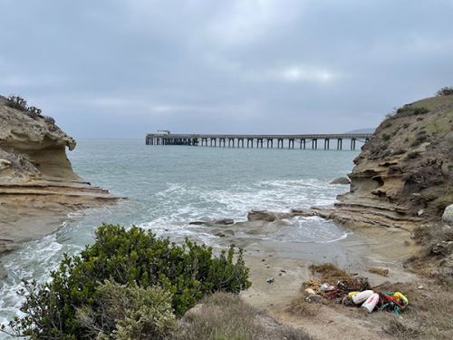 Litter on a beach with long pier in the background.