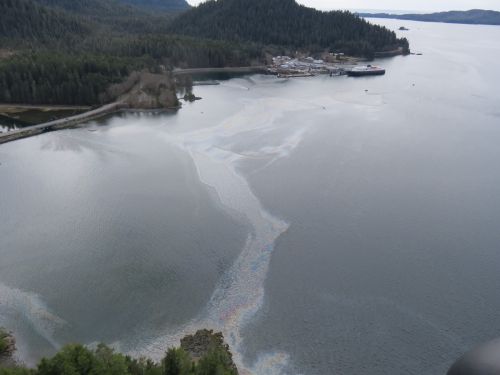 Oil sheen visible in a body of water.