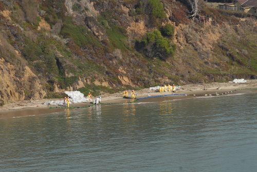 Workers on a beach.