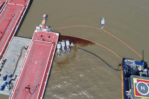 An aerial view of an oil spill. 