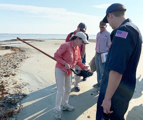 Woman showing something on a shovel to three other people. 