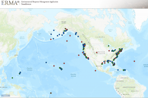 A map with a variety of multi-colored dots throughout America's East and West coasts and the Pacific and Atlantic oceans. 