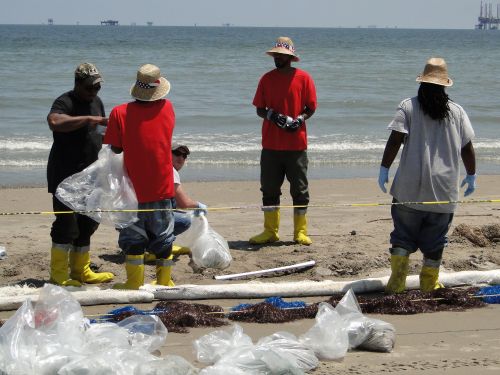 Workers using pom-poms to absorb oil washed onto the beach.