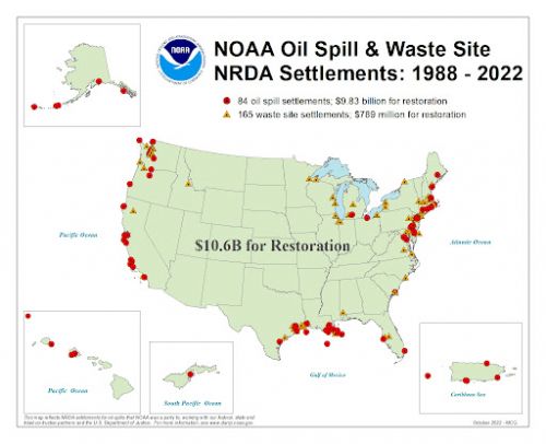 A map of the U.S. with red dots indicating settlements.