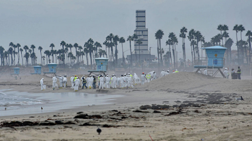 Cleanup workers on a beach.