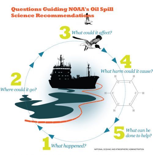 Questions Guiding NOAA's Oil Spill Science Recommendations Illustration showing order of questions considered in a response.