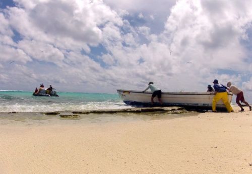 Image showing people removing a 23-foot-long boat, among other marine debris.