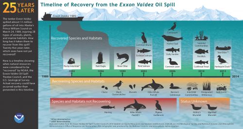 Recovery Timeline: Exxon Valdez Oil Spill Timeline against illustration of ship spilling oil.