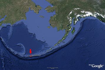 Location of Adak Island (red arrow) among Alaska's Aleutian Islands.