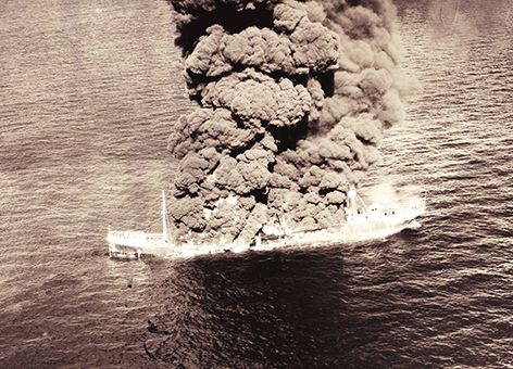 1942 photograph of the location of the burning tanker Potrero del Llano.