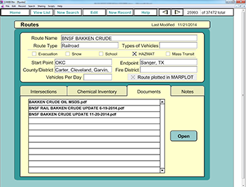 View of CAMEOfm record with chemical information of Bakken oil rail shipments.