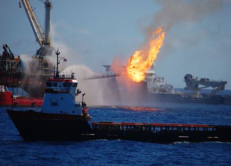 Fighting the flames on the Deepwater Horizon drill platform in 2010. 