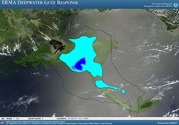 Satellite views of Deepwater Horizon actual extent and oil spill forecasts.