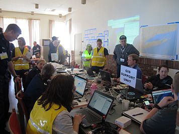 The ERMA team tests the online mapping tool at a simulated oil spill exercise. 