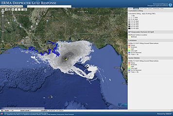 ERMA mapping program showing Gulf of Mexico with Deepwater Horizon oil spill.