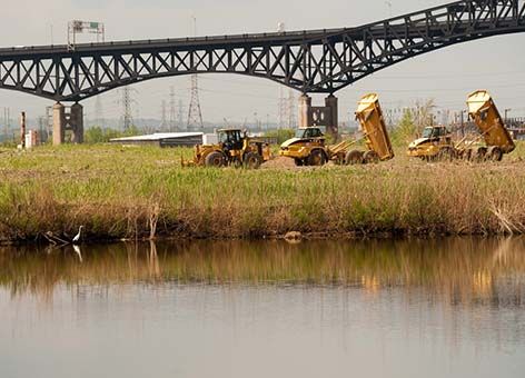 Heavy equipment removes dredge from a marsh restoration site.