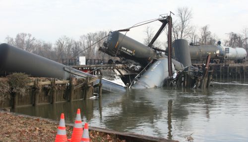 Derailed train cars in Mantua Creek near Paulsboro, N.J.