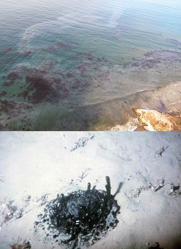 Top: Overflight photo of oil floating near the shore of Refugio State Beach on May 27, 2015. Bottom: The waters off southern California are one area in particular which host hundreds of known, naturally occurring oil and gas seeps, complicating the process of distiguishing the source of oil found after the pipeline spill. (NOAA) Top: Oil on ocean surface. Bottom: Multiple seeps release oil on seafloor.