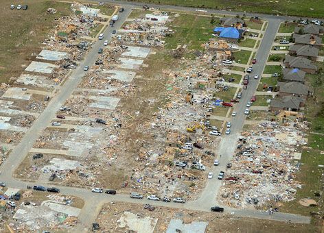 Aerial view of destroyed houses in Vilonia, Arkansas, after EF4 tornado in 2014