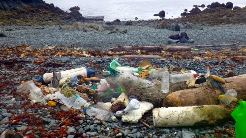 A pile of various marine debris items on a rocky shoreline.